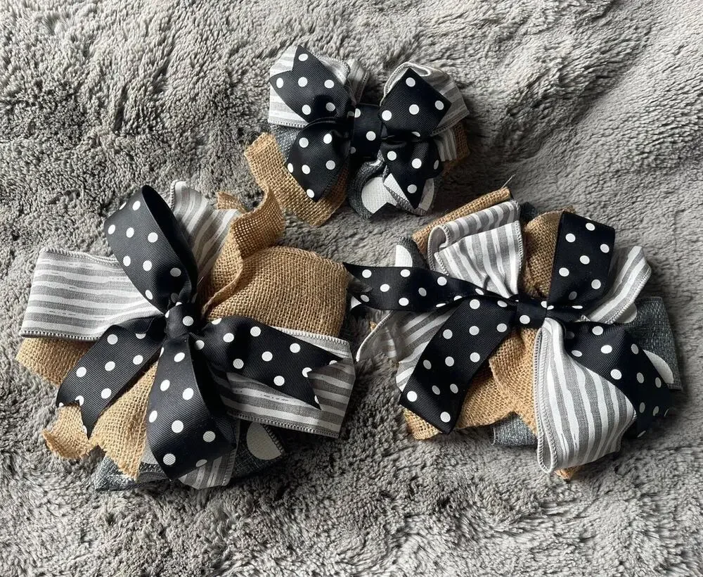 Handmade Wreath Bow Everyday Bow Black & White Gray Lot Of 3 Beautiful New